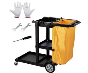 VEVOR Carro de Limpieza para Conserje de 3 Estantes Negro Carro de Empuje Móvil de PP con 4 Ruedas Carrito de Fregar Multifunción con Bolsa de PVC Capacidad de 22 Libras para Oficina Hotel Aeropuerto