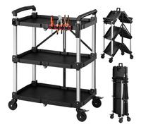 VEVOR Carro de Servicio Plegable Capacidad de 136 kg Estantes de 3 Niveles, Carro Utilitario de Herramientas con Ruedas, Bloqueo, Bandeja, Soporte Lateral, Carrito para Oficina, Patio, Almacén, Garaje