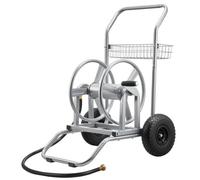 VEVOR Carro Portamangueras de Jardín de Alta Presión de 60/90 Metros, con Dos Ruedas, Asa y Cesta de Almacenamiento de Malla Resistente, para Jardín, Coche y Mascotas, 675 x 610 x 900 mm, Plata