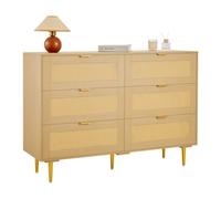 VEVOR Cómoda de Ratán con 6 Cajones, Tiradores y Patas Metálicas, Amplio Espacio de Almacenamiento, Mueble Moderno para Dormitorio, Salón o Recibidor, 120 x 39,5 x 85,4 cm, Color Madera Natural