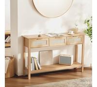 VEVOR Consola de Ratán con 3 Cajones, Estante y Puerta Corrediza Natural para Sala de Estar, Entrada o Pared de TV, Color Madera