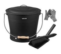 VEVOR Cubo de Cenizas con Tapa 4 en 1, con Cubo para Carbón, Pala, Escoba y Guantes, Cenicero de Metal para Chimenea, Capacidad de 9,8 L, Fogatas y Estufas de Leña, Acero al Carbono, Color Negro