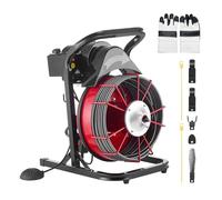 VEVOR Desatascador Eléctrico de Tuberías 23 m x 13 mm con Alimentación Manual por Cable de Acero, con 4 Cabezales para Fregadero WC, Alcantarillado y Pedal Neumático para Tuberías de 50 mm a 150 mm