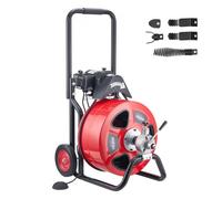 VEVOR Desatascador Eléctrico de Tuberías 30 m x 19 mm con Alimentación Automática con 4 Cabezales y Ruedas Máquina para Desagües Jardín Alcantarillado WC Exterior para Tuberías de 100 mm a 200 mm