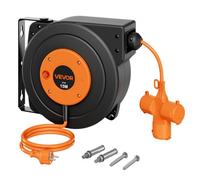 VEVOR Enrollador de Cable Eléctrico 16AWG/3C, Cable de 15 m, para Montaje en Techo o Pared, Protección contra Sobrecalentamiento, Interruptor Triple Iluminado, con Soporte Giratorio 180°, Naranja
