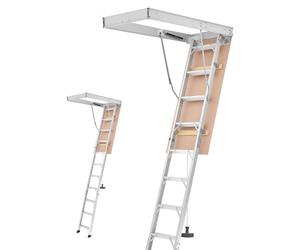 VEVOR Escalera Escamoteable de Aluminio para Techo, Escaleras de Ático Plegable con Trampilla, Cuerda de Tracción, Soporte Hidráulico, Altura Ajustable 2,34-3,15 m, Capacidad 170 kg, Ahorra Espacio