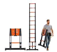VEVOR Escalera Telescópica Plegable 150 kg de Aluminio Extensible a 3,2 m, con Barra de 805 mm, Retracción con un Botón, Peldaños Antideslizantes y Bloqueo Integrado para Pintura, Ventanas y Camping