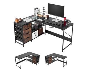 VEVOR Escritorio Esquinero 150 x 110 x 75,5 cm, Escritorio de Esquina con 4 Cajones y Estantes de Almacenamiento, Mesa de Ordenador en Forma de L Reversible, para Trabajar, Estudiar, Jugar, Negro
