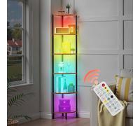 VEVOR Estante de Esquina 6 Niveles con Luz LED 28,5x28,5x171,5 cm Estantería de Esquina con Marco de Metal Estantes de Madera Librería de Almacenamiento para Dormitorio, Sala de Estar, Oficina