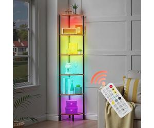 VEVOR Estante de Esquina 6 Niveles con Luz LED 28,5x28,5x171,5 cm Estantería de Esquina con Marco de Metal Estantes de Madera Librería de Almacenamiento para Dormitorio, Sala de Estar, Oficina