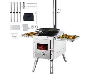 VEVOR Estufa de Leña 217 cm Estufa Portátil de Acero Inoxidable para Tienda de Campaña con 8 Tubos de Chimenea y Guantes Estufa Caliente para Cocinar y Calentar al Aire Libre, 590x790x2620 mm