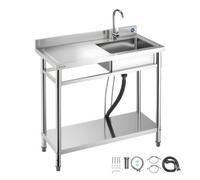 VEVOR Fregadero de Acero Inoxidable, 100 x 50 x 94 cm, con Un Tubo Corto y Una Manguera Larga, para Garaje, Restaurante, Lavandería, Lavabo Exterior con Encimera Izquierda, con Acabado Cepillado