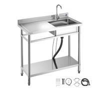 VEVOR Fregadero de Acero Inoxidable, 100 x 50 x 94 cm, con Un Tubo Corto y Una Manguera Larga, para Garaje, Restaurante, Lavandería, Lavabo Exterior con Encimera Izquierda, con Acabado Cepillado