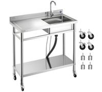 VEVOR Fregadero de Acero Inoxidable, 1000 x 500 x 1055 mm, de Un Seno con Grifo y Ruedas, Fregadero de Cocina para Garaje, Restaurante, Lavandería, Lavabo Exterior con Encimera Izquierda, Plata