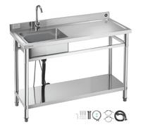 VEVOR Fregadero de Acero Inoxidable, 120 x 50 x 94 cm, de Un Seno con Grifo y Estante, para Garaje, Restaurante, Lavandería, Lavabo Exterior con Encimera Derecha, Resistente a los Arañazos, Plata