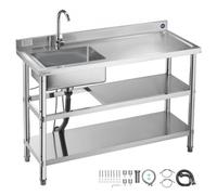 VEVOR Fregadero de Acero Inoxidable, 120 x 50 x 94 cm, Un Seno con Grifo Agua Caliente y Fría y 2 Compartimentos de Almacenamiento, para Garaje o Restaurante, Lavabo Exterior con Encimera Derecha