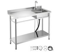 VEVOR Fregadero de Acero Inoxidable, 120 x 50 x 94 cm, Un Seno con Grifo de Agua Caliente y Fría y Estante, para Garaje, Restaurante, Lavandería, Lavabo Exterior con Encimera Izquierda, Plata