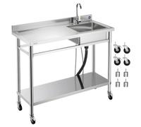 VEVOR Fregadero de Acero Inoxidable, 1200 x 500 x 1055 mm, de Un Seno con Grifo de Agua Caliente y Fría y Ruedas, para Garaje, Restaurante, Lavandería, Lavabo Exterior con Encimera Izquierda