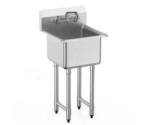 VEVOR Fregadero de Acero Inoxidable, Fregadero de Pedestal Pequeño de 1 Seno, 38x38 cm con Grifo y Patas, Fregadero Comercial para Garaje, Restaurante, Cocina, Lavadero