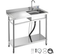 VEVOR Fregadero de Acero Inoxidable, 100 x 50 x 94 cm, con Un Tubo Corto y Una Manguera Larga, para Garaje, Restaurante, Lavandería, Lavabo Exterior con Encimera Izquierda, con Acabado Cepillado