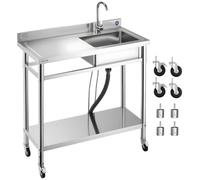 VEVOR - Fregadero de acero inoxidable para lavavajillas (1000 x 500 x 1055 mm), fregadero individual con grifo y ruedas, ideal para garajes, restaurantes, lavanderías. Fregadero exterior con encimera