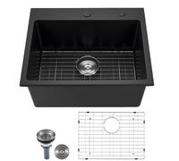 VEVOR Fregadero de Cocina de Granito de Un Seno Empotrado de Estilo Rústico, Montaje en Superficie, con Accesorios, para Autocaravanas, Cocinas de Preparación y Bares, Negro, 635 x 559 x 254 mm