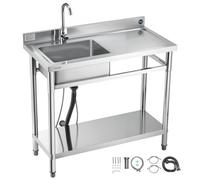 VEVOR Fregadero de Cocina Utilitario de Acero Inoxidable, con Cubeta Izquierda, Incluye Grifo y Tuberías para Agua Fría y Caliente, para Garaje, Restaurante, Lavandería, 100 x 50 x 94 cm, Plata
