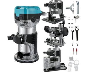VEVOR Fresadora de cantos de madera con una sola mano, 33000 rpm, base fija, base de inclinación, base de inmersión, base offset, 3 pinzas de 6,35/6/8 mm, fresa de 6/8 mm, incluye guía de curva
