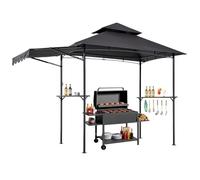 VEVOR Gazebo para Barbacoa, Refugio de Acero con Recubrimiento en Polvo 243 x 150 x 250 cm con Techo de 2 Niveles, 2 Estantes Laterales, Abrebotellas, Ganchos y Toldo Adicional para Barbacoa