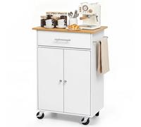 VEVOR Isla de Cocina Móvil con 1 Cajón Encimera de 60 x 38 x 1,5 cm Blanco, Carrito de Cocina con Toallero, Ruedas con Freno, 2 Puertas y Ganchos, Estante Ajustable, De Tablero de MDF, para Comedor
