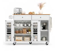 VEVOR Isla de Cocina Móvil con 2 Cajones Encimera de 106 x 40 cm Blanco | Encimera Plegable 23 cm, con Toallero, Ruedas Giratoriras y 4 Puertas, Estante Ajustable, De Tablero de MDF, Para Comedor