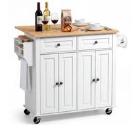 VEVOR Isla de Cocina Móvil con 2 Cajones Encimera de 90 x 39,5 cm Blanco, Encimera Plegable, con Especiero, Toallero, Ruedas y 4 Puertas, Estante Ajustable, De Madera de Ingeniería, Para Comedor