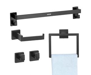 VEVOR Juego de Accesorios de Baño, de Acero Inoxidable, con Toallero y Toallero Anillo Cuadrado, 2 Ganchos y Portarrollos de Papel Higiénico, para Baño, en Pared, Negro, 595 x 100 x 80 mm, 5 uds