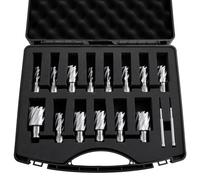 VEVOR Juego de Cortadores Anulares 16 Piezas, Juego de Brocas HSS M2AL de Vástago Weldon, Profundidad de Corte 25,4mm, Diámetro 11,11-34,92mm con 14 Cortadores, 2 Pasadores Guía para Taladro Magnético