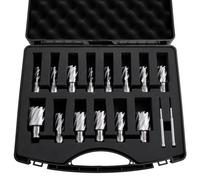 VEVOR Juego de Cortadores Anulares 16 Piezas, Juego de Brocas HSS M2AL de Vástago Weldon, Profundidad de Corte 25,4mm, Diámetro 11,11-34,92mm con 14 Cortadores, 2 Pasadores Guía para Taladro Magnético