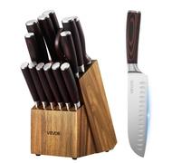 VEVOR Juego de Cuchillos de Acero Inoxidable de Alto Carbono, con Bloque de Madera y Afilador, 15 Piezas, con Mango Ergonómico, para el Hogar, Diseño con Bordes Redondeados, 131 x 195 x 345 mm