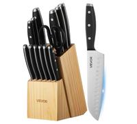 VEVOR Juego de Cuchillos de Acero Inoxidable de Alto Carbono, con Bloque de Madera y Afilador, con Mangos Ergonómicos y Tijeras de Cocina para Cocineros Caseros, 180 x 107 x 330 mm, 15 Piezas