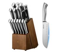 VEVOR Juego de Cuchillos de Cocina, con Bloque de Madera y Afilador, con Cuchillos Afilados de Acero Inoxidable de Alto Carbono, con Mango Ergonómico, 15 Piezas, 123 x 190 x 345 mm, Color Plata
