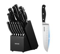 VEVOR Juego de Cuchillos de Cocina, con Bloque de Madera y Afilador, con Cuchillos Afilados de Acero Inoxidable de Alto Carbono, con Mango Resistente a Roturas, para Cocineros Aficionados, 15 uds