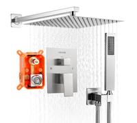 VEVOR Juego de Grifo de Ducha de Lluvia con Cabezal de Ducha Cuadrado 30,5 cm y Rociador de Mano, Grifería de Baño de Pared con Válvula de Latón y Kit de Embellecedor, 6,7 L/min, Níquel Cepillado