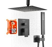 VEVOR Juego de Grifo de Ducha de Lluvia con Cabezal de Ducha Cuadrado de 25,4 cm y Rociador de Mano, Grifería de Techo con Válvula de Latón y Kit de Embellecedor, 6,7 L/min, Color Negro Mate