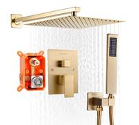 VEVOR Juego de Grifo de Ducha de Lluvia con Cabezal de Ducha Cuadrado de 25,4 cm y Rociador de Mano, Grifería de Baño de Pared con Válvula de Latón y Kit de Embellecedor, Color Oro Cepillado