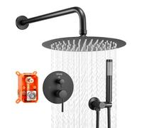 VEVOR Juego de Grifo de Ducha de Lluvia con Cabezal de Ducha Redondo de 20,3 cm y Rociador de Mano, Grifería de Baño de Pared con Válvula de Latón y Kit de Embellecedor, 6,7 L/min, Negro Mate
