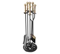 VEVOR Juego de Herramientas para Chimenea, Juego de 5 Piezas y Soporte con Púas, Pinzas, Pala de , Cepillo, Palo de , Accesorios de Chimenea de Hierro para Interior/Exterior, Negro y Latón