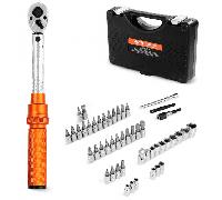 VEVOR Juego de Llaves Dinamométricas de Clic Accionamiento de 1/4" 2,3-27,1 Nm 72 Dientes Escalas de Doble Dirección y Doble Rango con Puntas, Vasos, Adaptadores y Barra de Extensión, Naranja