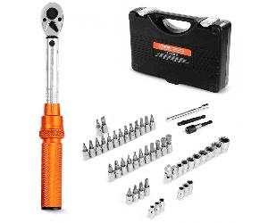 VEVOR Juego de Llaves Dinamométricas de Clic Accionamiento de 1/4" 2,3-27,1 Nm 72 Dientes Escalas de Doble Dirección y Doble Rango con Puntas, Vasos, Adaptadores y Barra de Extensión, Naranja