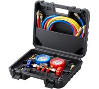 VEVOR Juego de Manómetros 3 Vías para Carga de Refrigeración R134A R22 R12 R502 Manguera de 1,5 m Recarga de Refrigerante de con Manómetro y Adaptador Caja de Refrigeración para Refrigerante