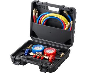 VEVOR Juego de Manómetros 3 Vías para Carga de Refrigeración R134A R22 R12 R502 Manguera de 1,5 m Recarga de Refrigerante de con Manómetro y Adaptador Caja de Refrigeración para Refrigerante