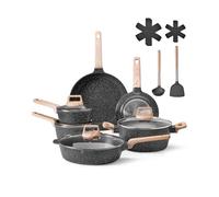 VEVOR Juego de Ollas y Sartenes Antiadherentes 17 Piezas de Granito para Cocina de Inducción, Apto para RV, con Tapas de Vidrio Templado y Protectores para Sartenes, Apto para Estufa, Color Negro