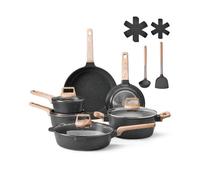 VEVOR Juego de Ollas y Sartenes Antiadherentes 17 Piezas de Granito para Cocina de Inducción, Apto para RV, con Tapas de Vidrio Templado y Protectores para Sartenes, Apto para Estufa, Color Negro